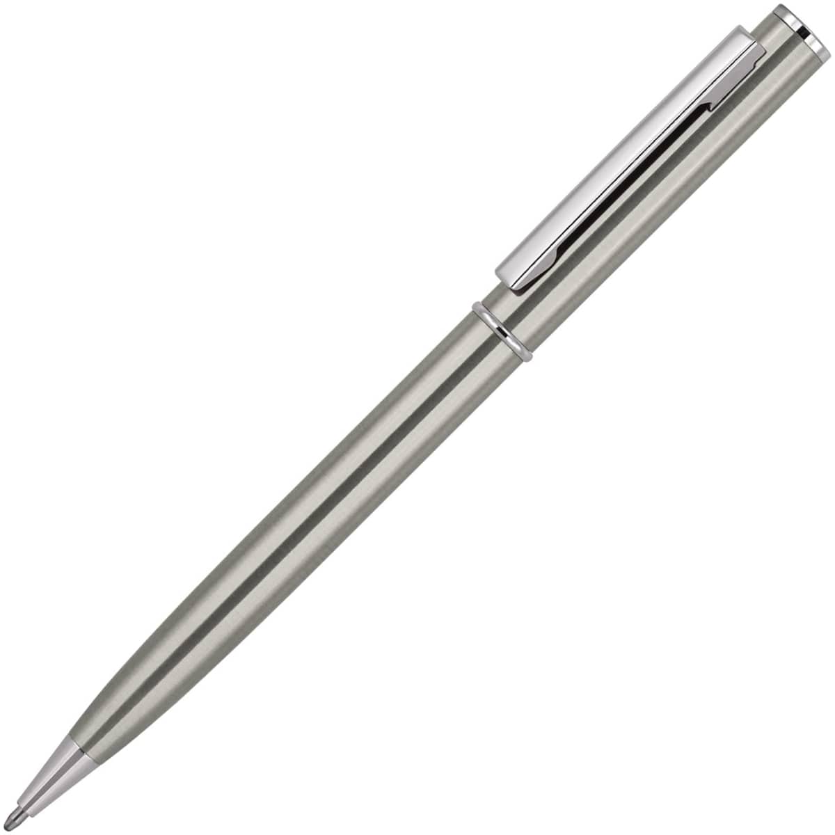 A ballpoint pen in a sleek silver finish with a polished clip and branding detail.