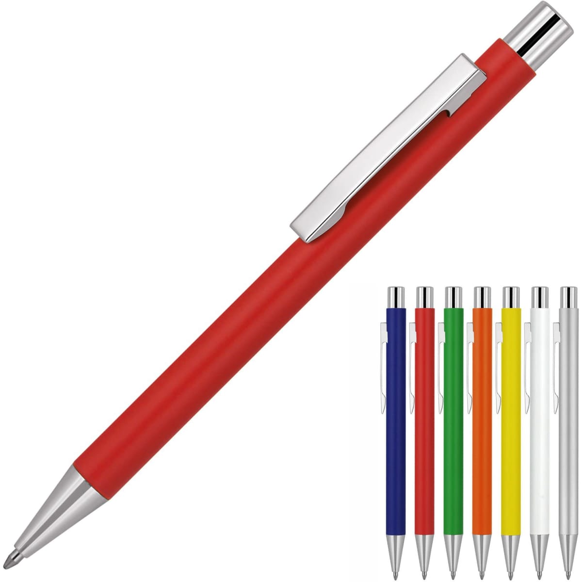 A red ballpoint pen with a matte finish and a silver clip, accompanied by a variety of other coloured pens.