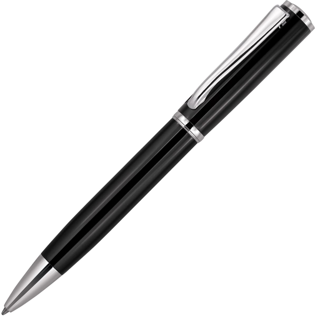 A black ballpoint pen with a sleek design and silver accents, featuring a clip and a polished finish.
