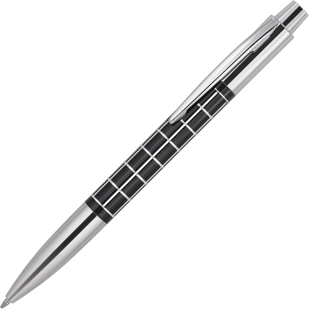 A sleek metal ballpoint pen in silver and black with a patterned grip and a clip. It has a branding logo.