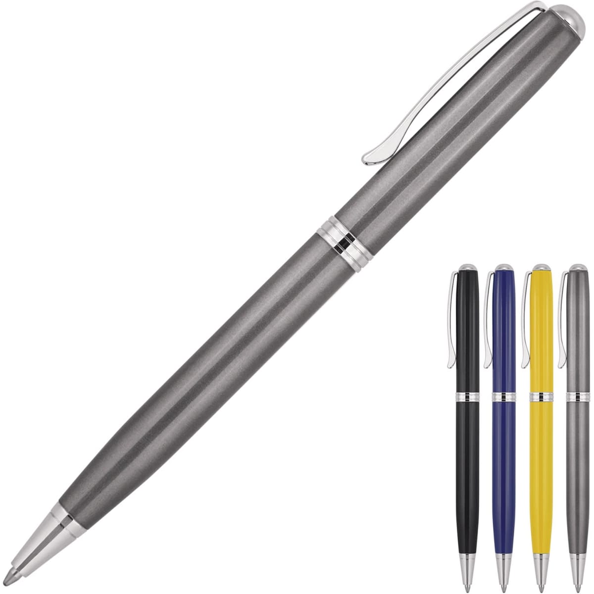 A metal ballpoint pen in grey with a silver accent, accompanied by black, blue, and yellow variations.
