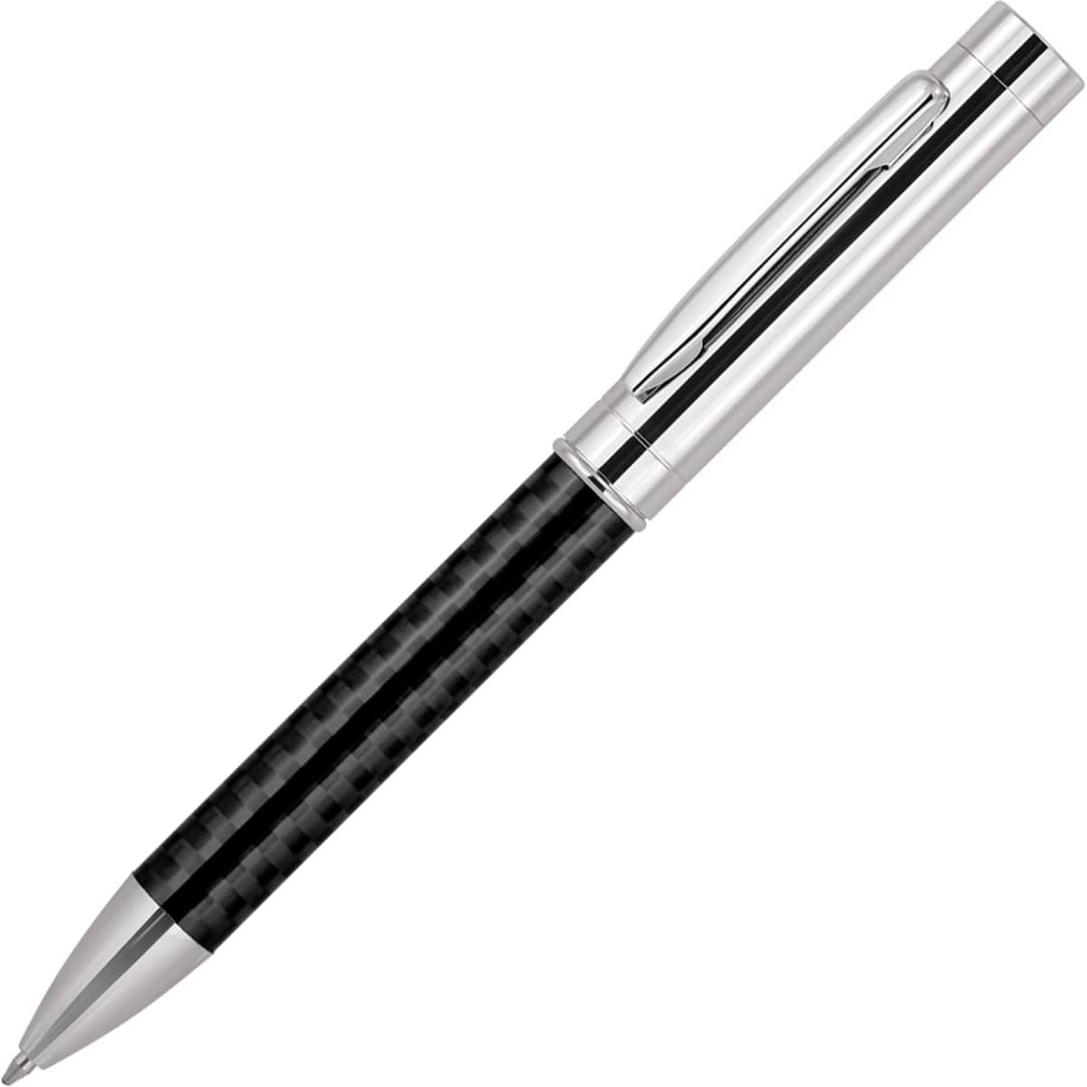 A metal ballpoint pen featuring a carbon fibre finish in black and silver accents, with a sleek design and clip.