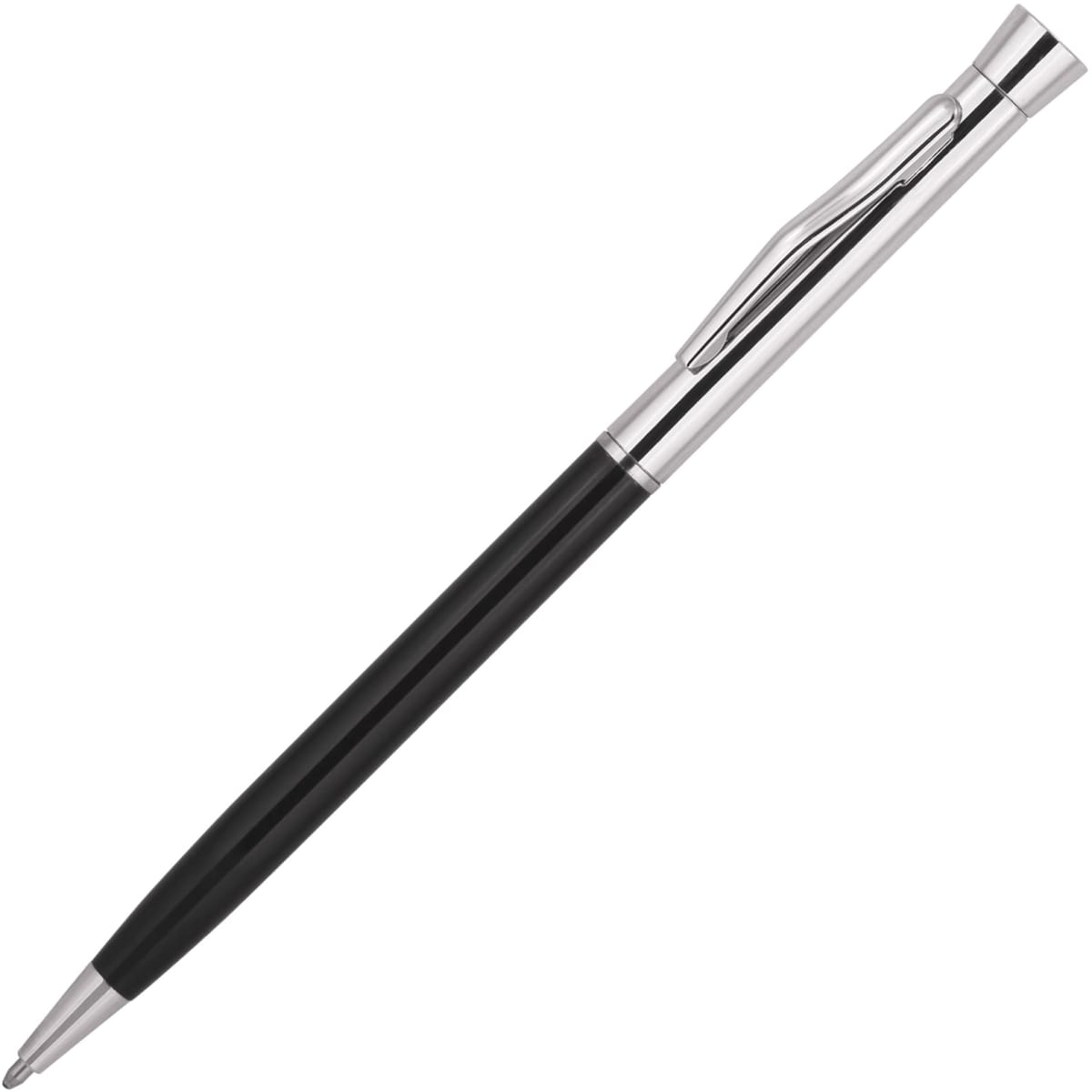 A black and silver ballpoint pen with a sleek design and a clip, featuring a logo on the barrel.