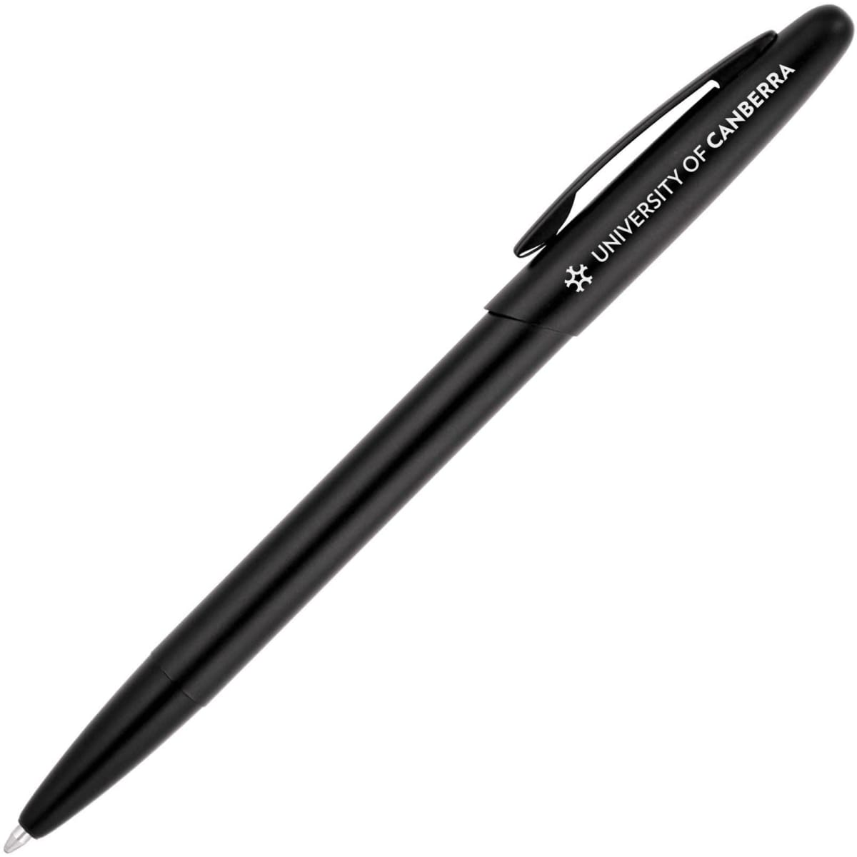 A black ballpoint pen with a matte finish and a clip, featuring a logo.