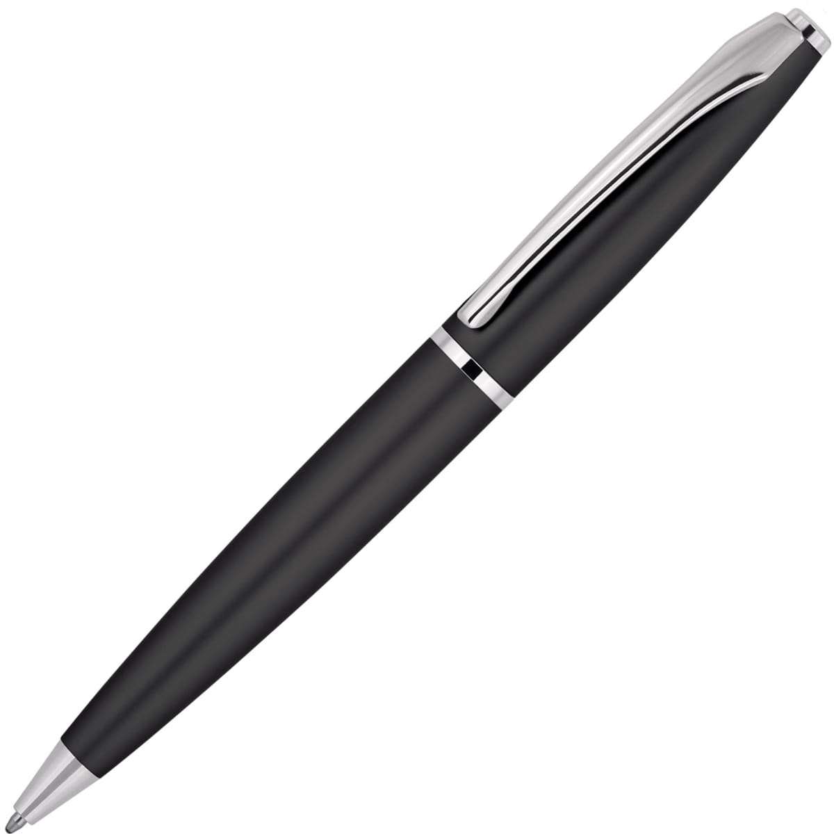 A matte black ballpoint pen with a silver clip and detailing, featuring a sleek, executive design.