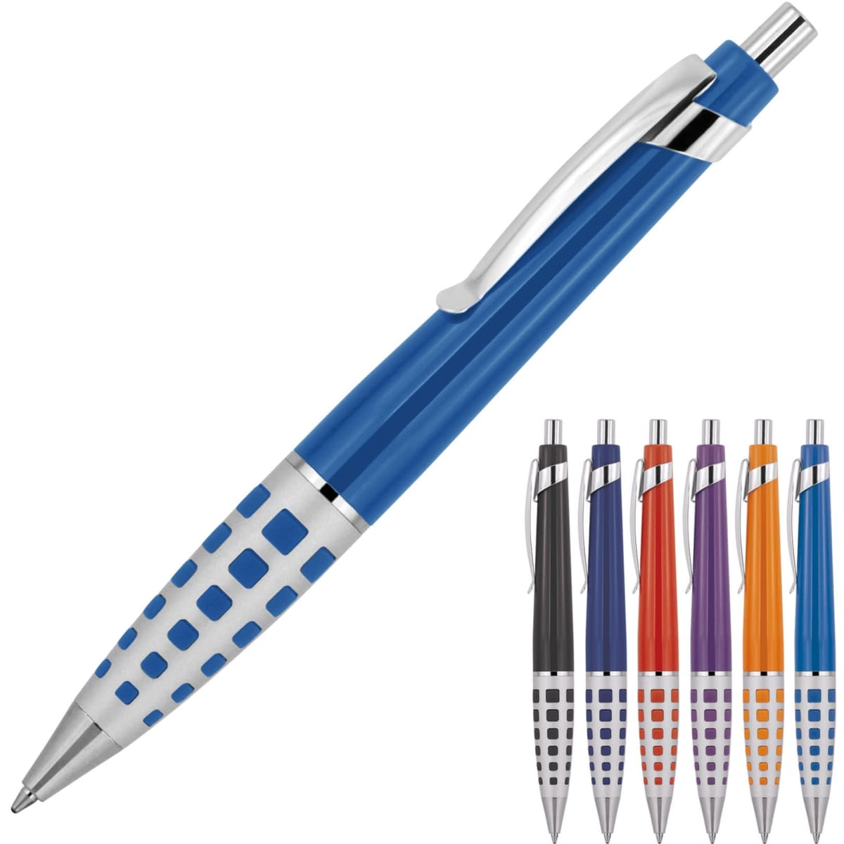 A ballpoint pen in blue with silver accents and a textured grip, surrounded by other coloured variants in a display.