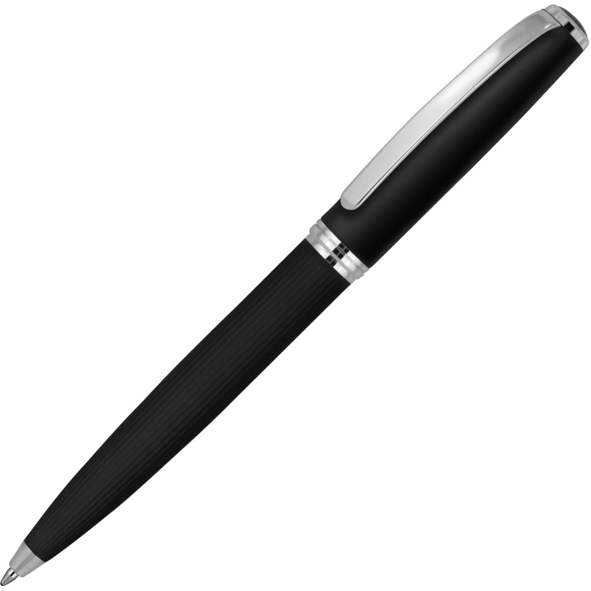 A black metal ballpoint pen with a matte rubber grip and silver accents. It features a branding logo.