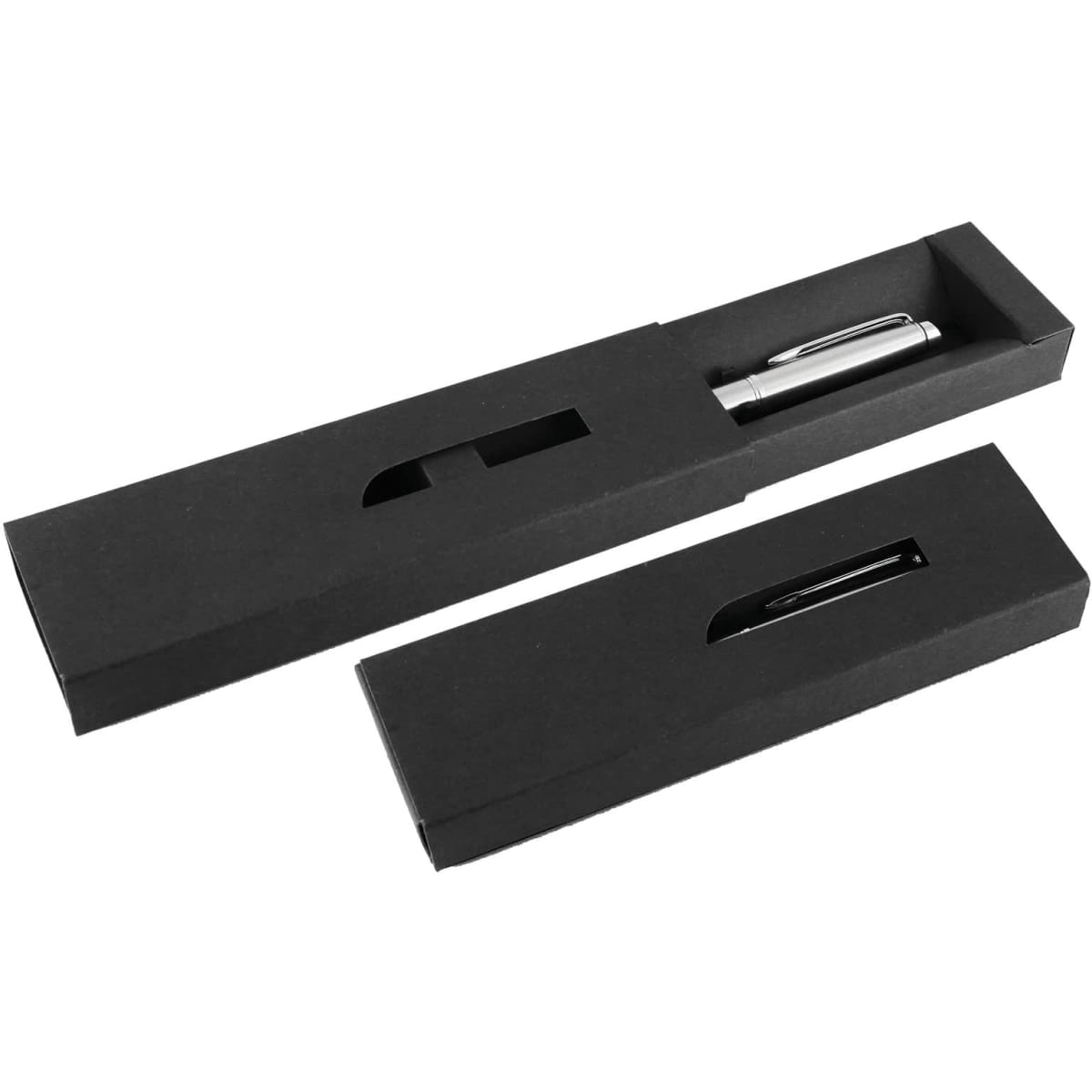 A black gift box with a window, containing a silver pen inside. The box is partially open.