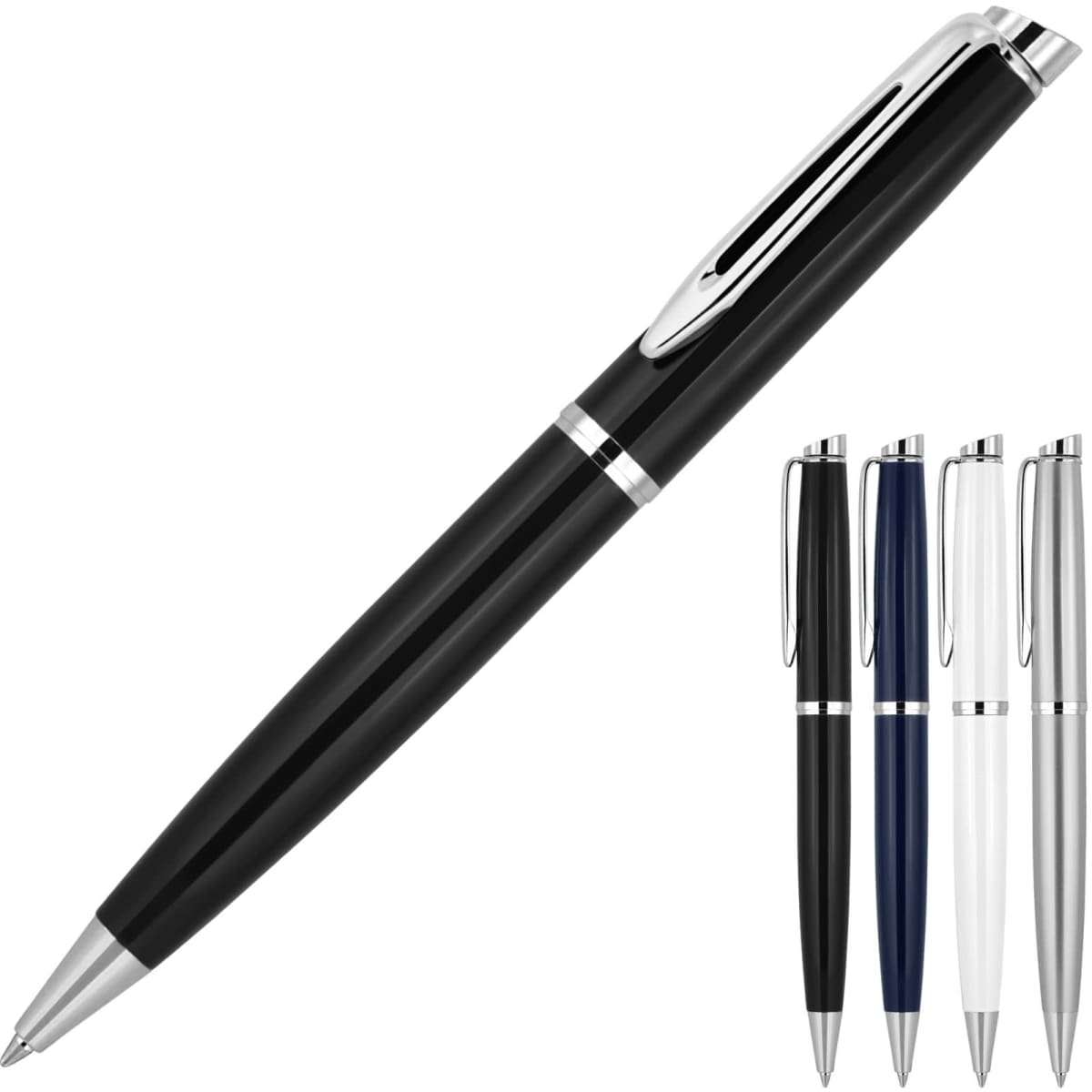 A ballpoint pen with chrome trim, available in black, navy, silver, and white. Includes a logo.