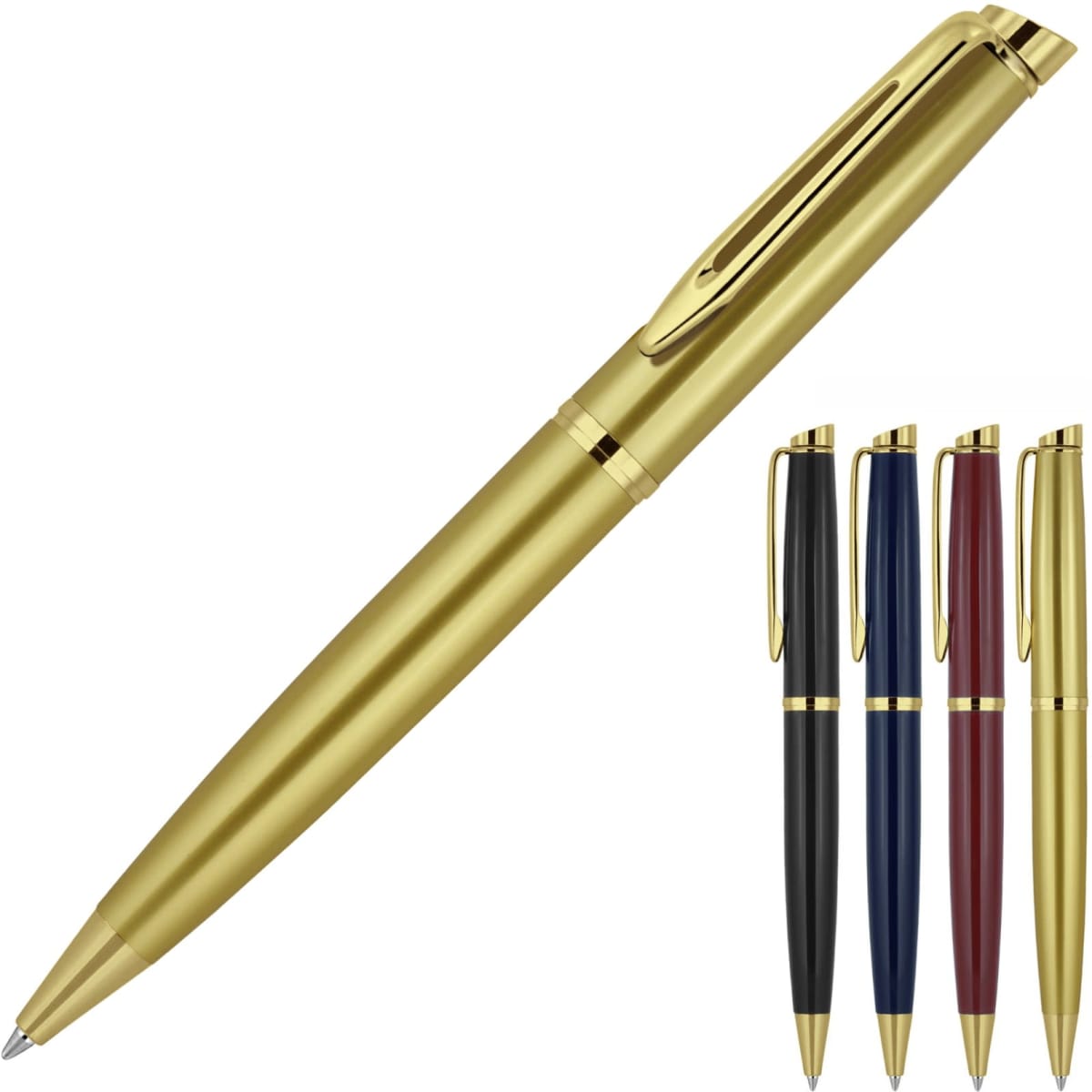 A gold ballpoint pen with a sleek design and gold trim, accompanied by additional pens in black, blue, and red.