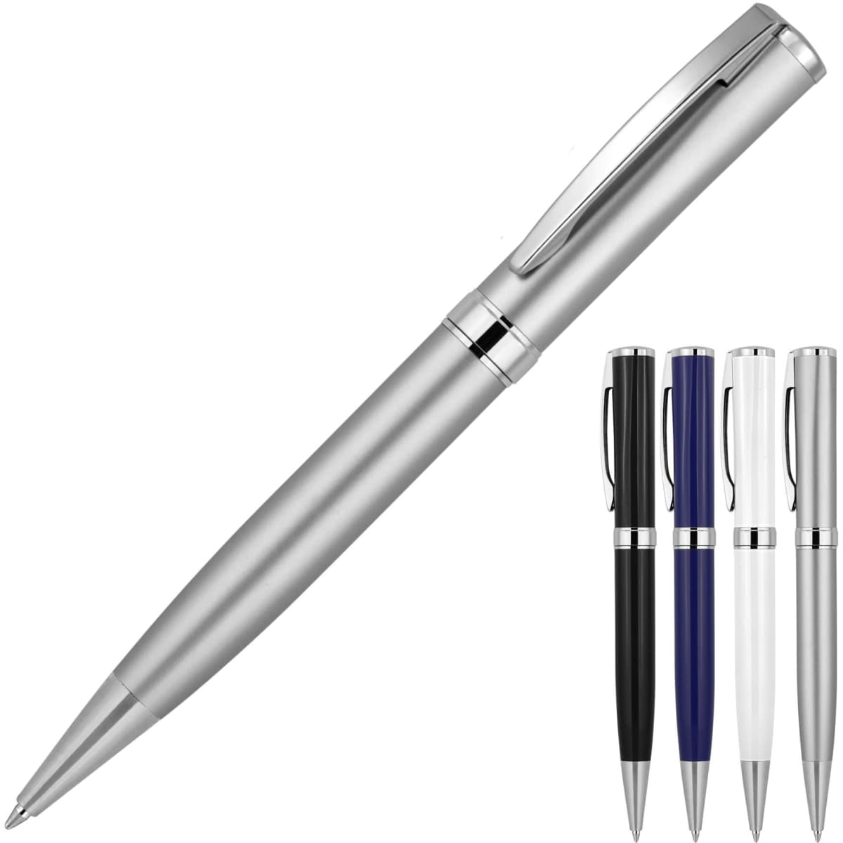 A metal ballpoint pen in silver with a polished finish, alongside pens in black, navy, white, and another silver variant.