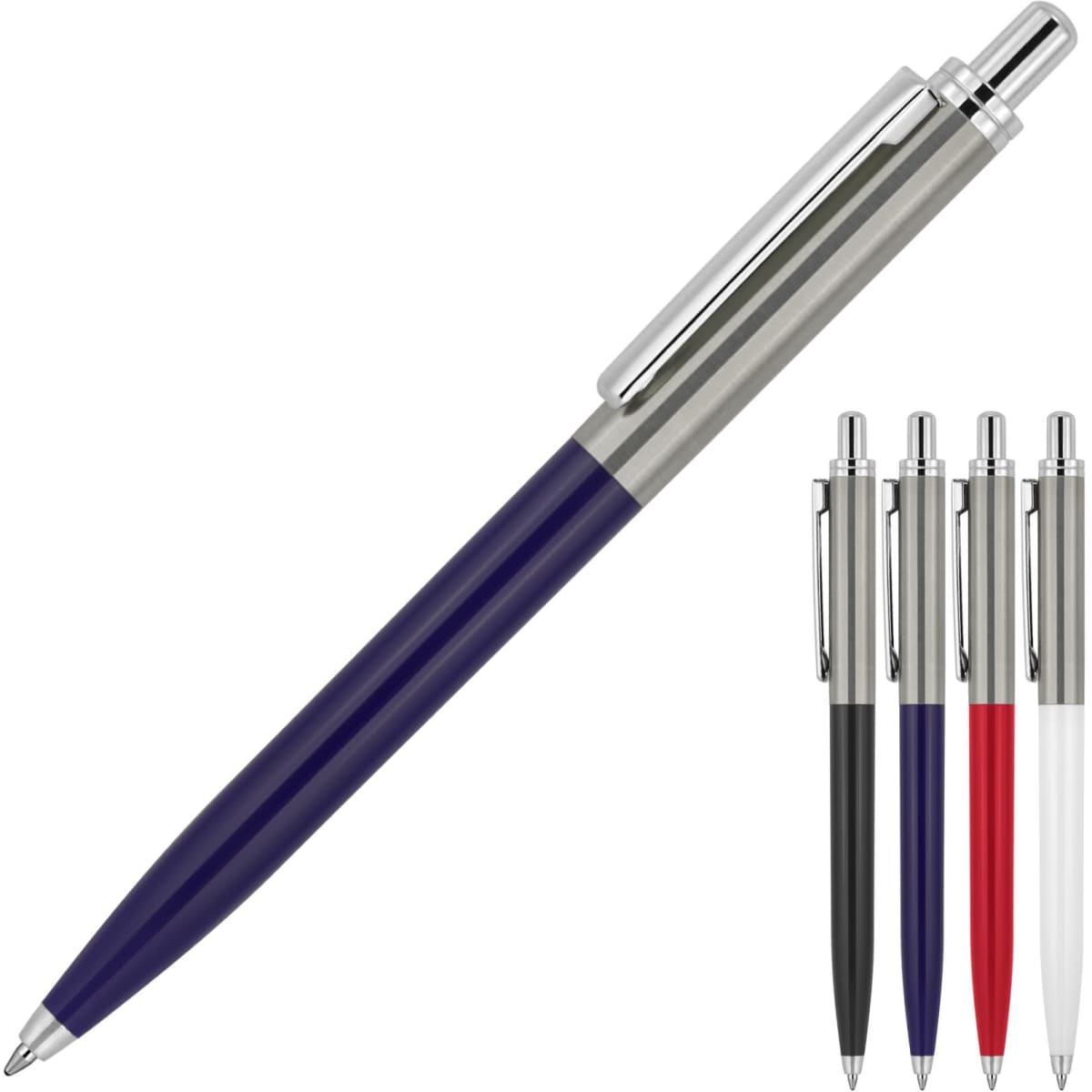 A metal ballpoint pen available in navy, black, red, and white, featuring a silver clip and accents, with a logo.