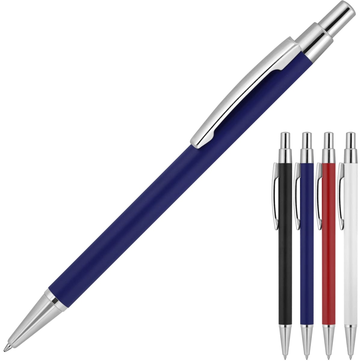 A metal ballpoint pen in matte navy, with chrome accents, displayed alongside pens in black, red, and white.