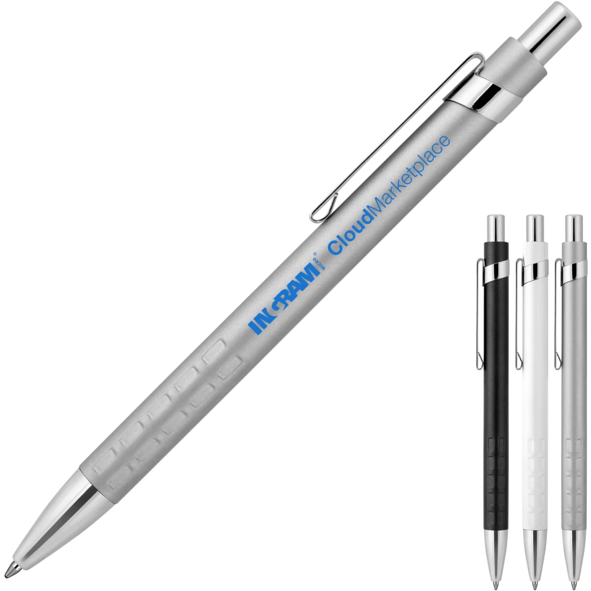 A metal ballpoint pen in matte silver, featuring a chrome clip and accents, with options in black and white.
