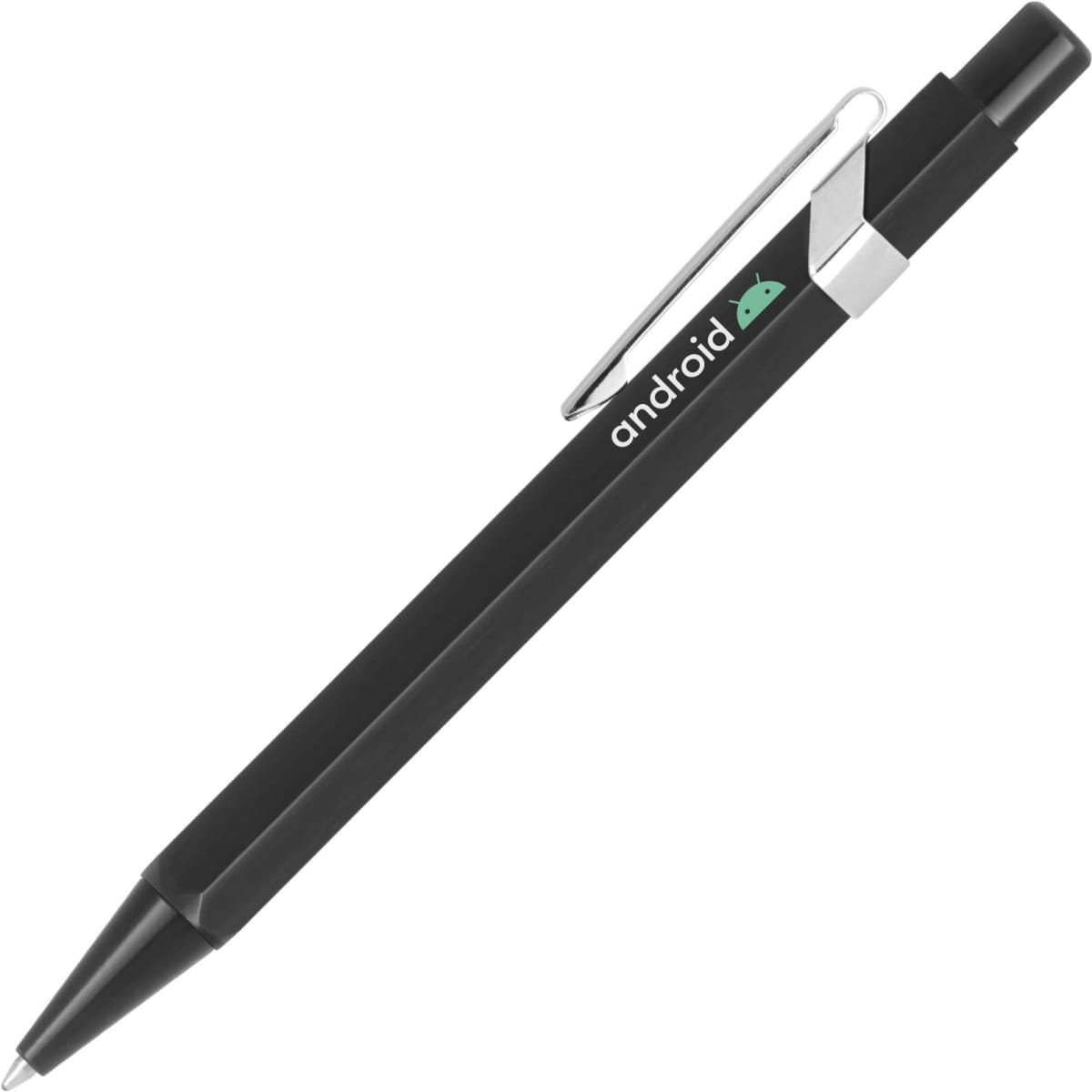 A black hexagonal ballpoint pen with a silver clip and a logo.