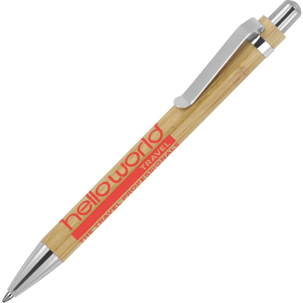 A bamboo ballpoint pen with a silver clip, featuring a logo and red text on the barrel.