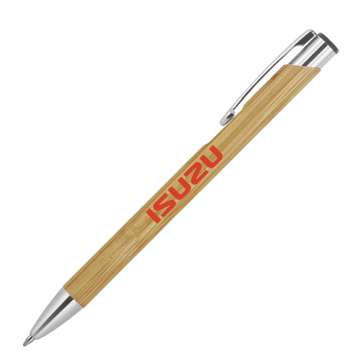 A ballpoint pen made of bamboo with a silver clip and a logo. The pen features a natural wood colour.