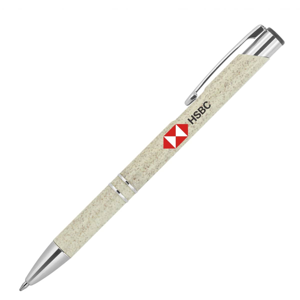 A ballpoint pen with a wheat straw barrel and silver accents, featuring a logo on the side.