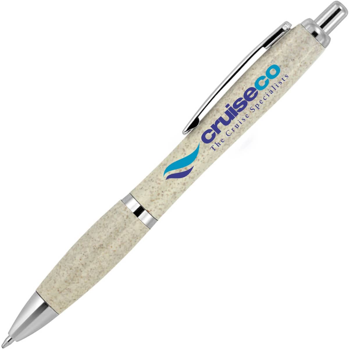 A ballpoint pen with a wheat straw barrel, silver accents, and a logo, featuring a pale colour and sleek design.