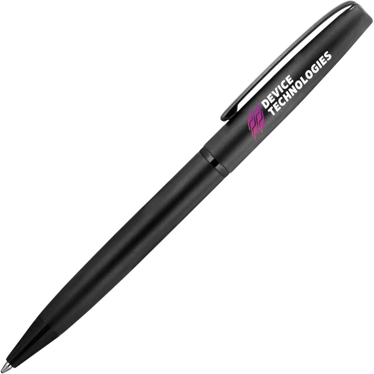 A matte black ballpoint pen with a silver clip and branding on the side.