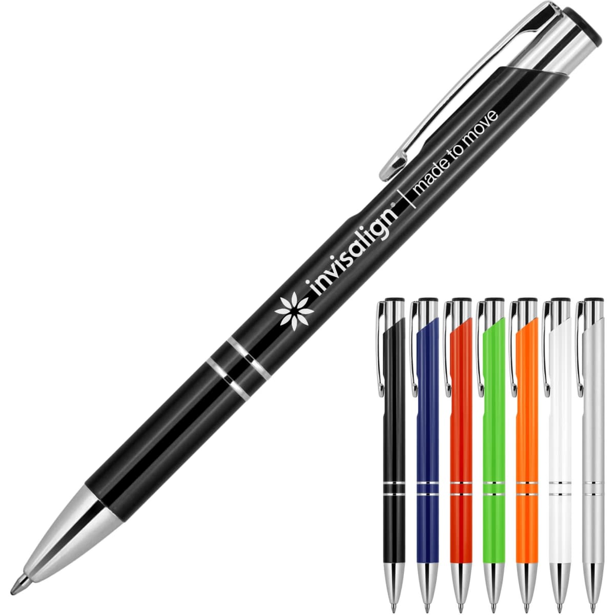 A metal ballpoint pen in black with a silver clip, accompanied by six assorted colour pens in various hues.