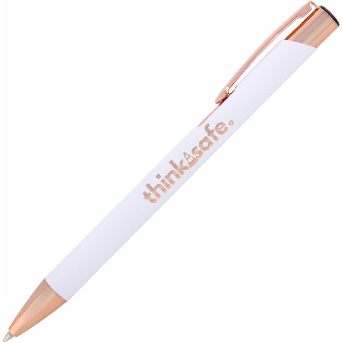 A ballpoint pen with a white barrel and rose gold trim, featuring a logo.