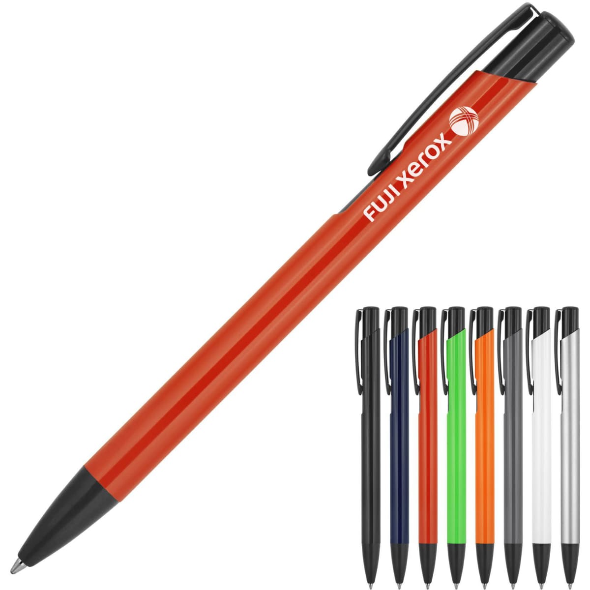 A metal ballpoint pen with a red body and black trim, featuring a logo, alongside pens in various colours.
