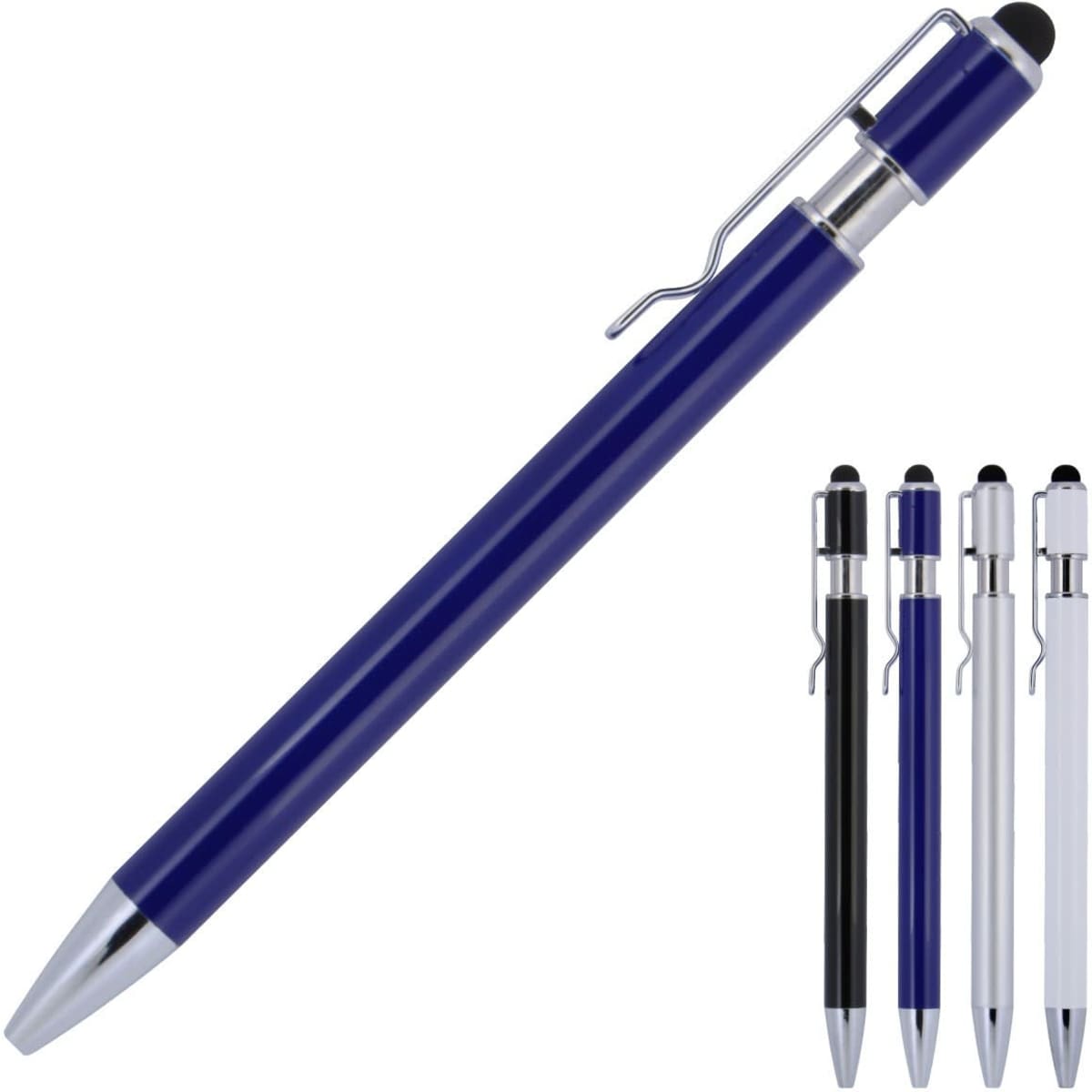 A metal ballpoint pen in blue with a stylus tip, accompanied by additional pens in black, white, and silver.