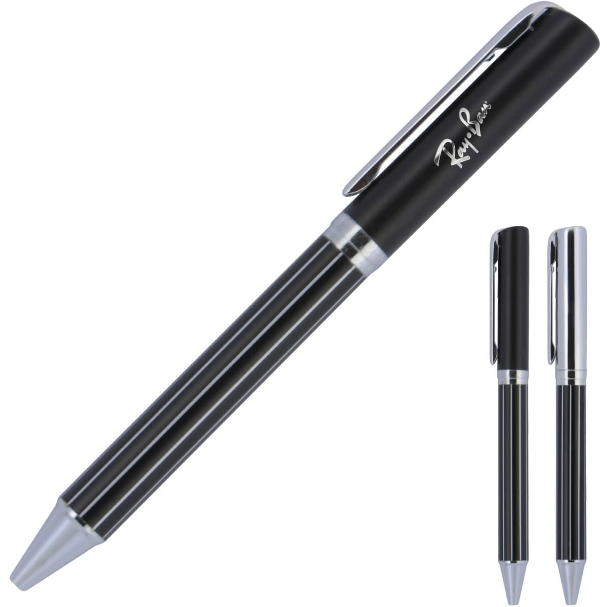 A ballpoint pen in black with silver accents and a branding logo. It features a sleek, elegant design.