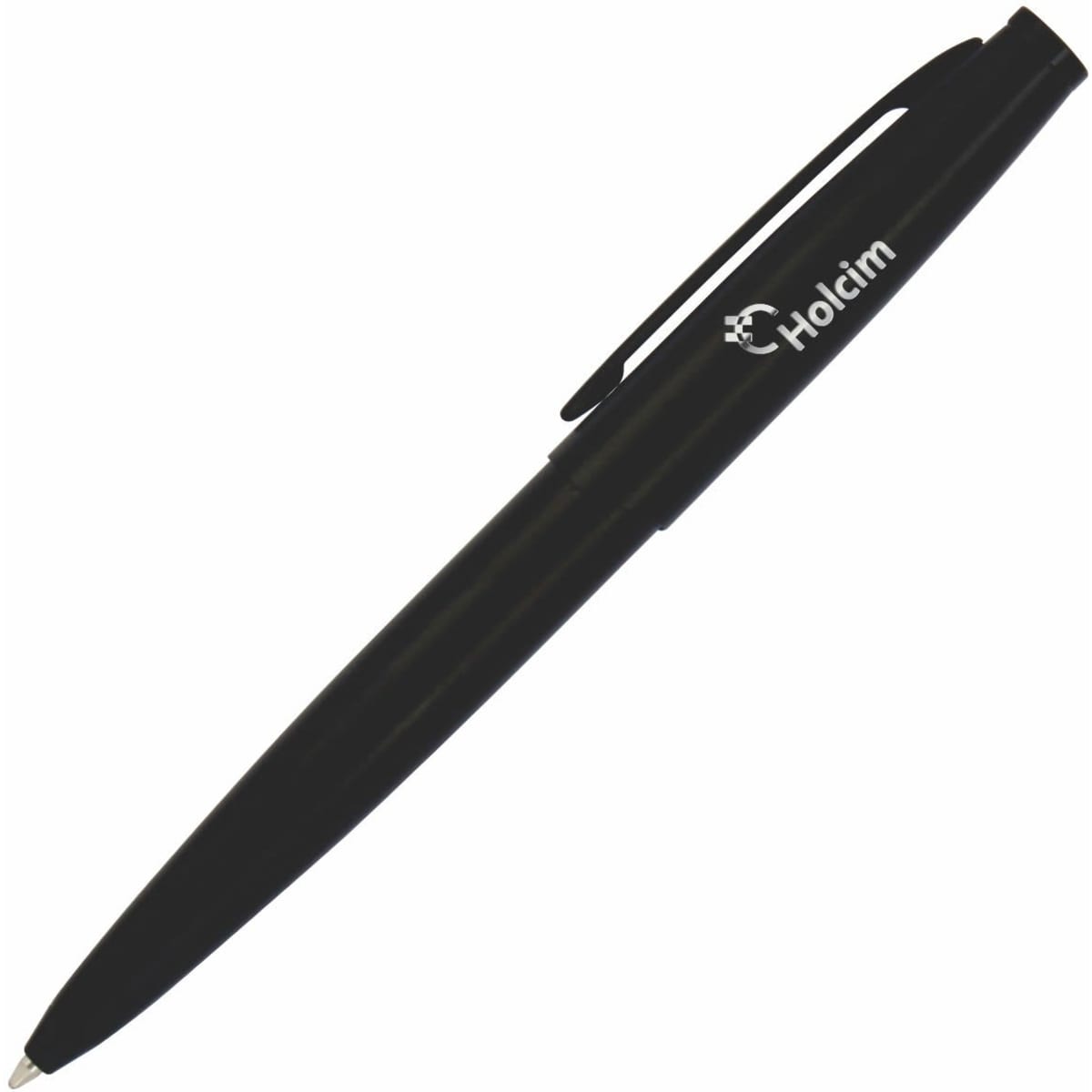 A black metal ballpoint pen with a clip and branding on the side.