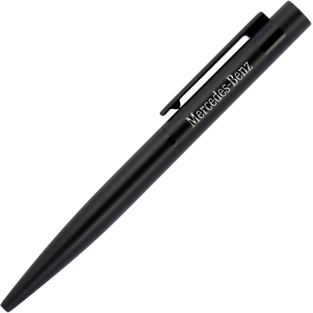 A black metal ballpoint pen with a sleek design and a clip. It features a branding logo.