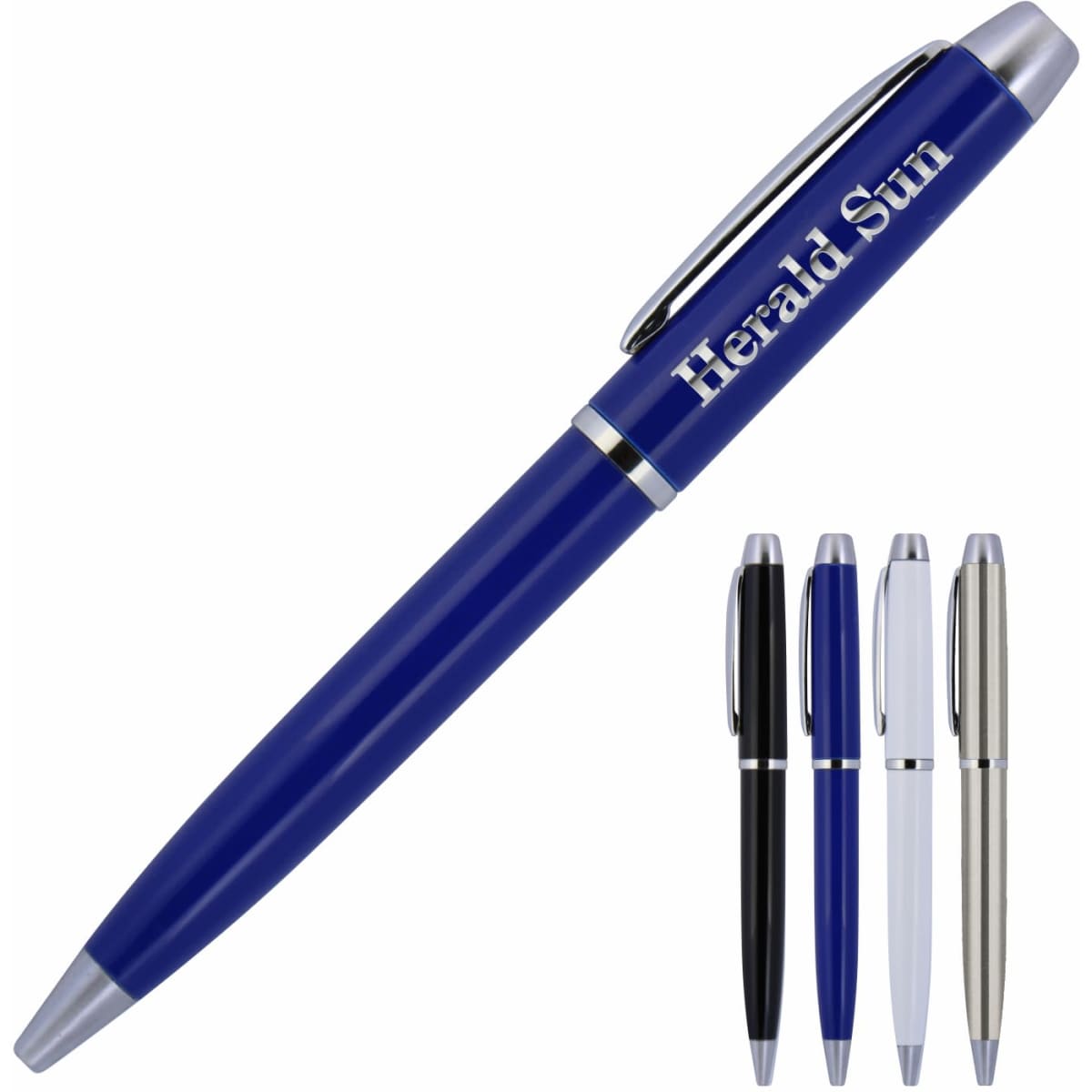 A metal ballpoint pen in blue with a silver clip and accents, alongside a selection of black, white, and silver pens.