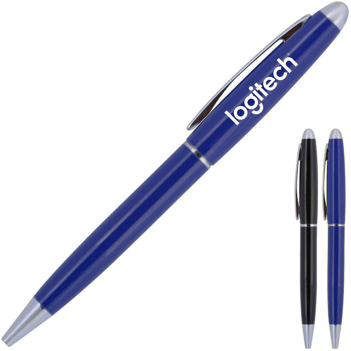 A blue and silver ballpoint pen with a branding logo, accompanied by a black pen of the same style.