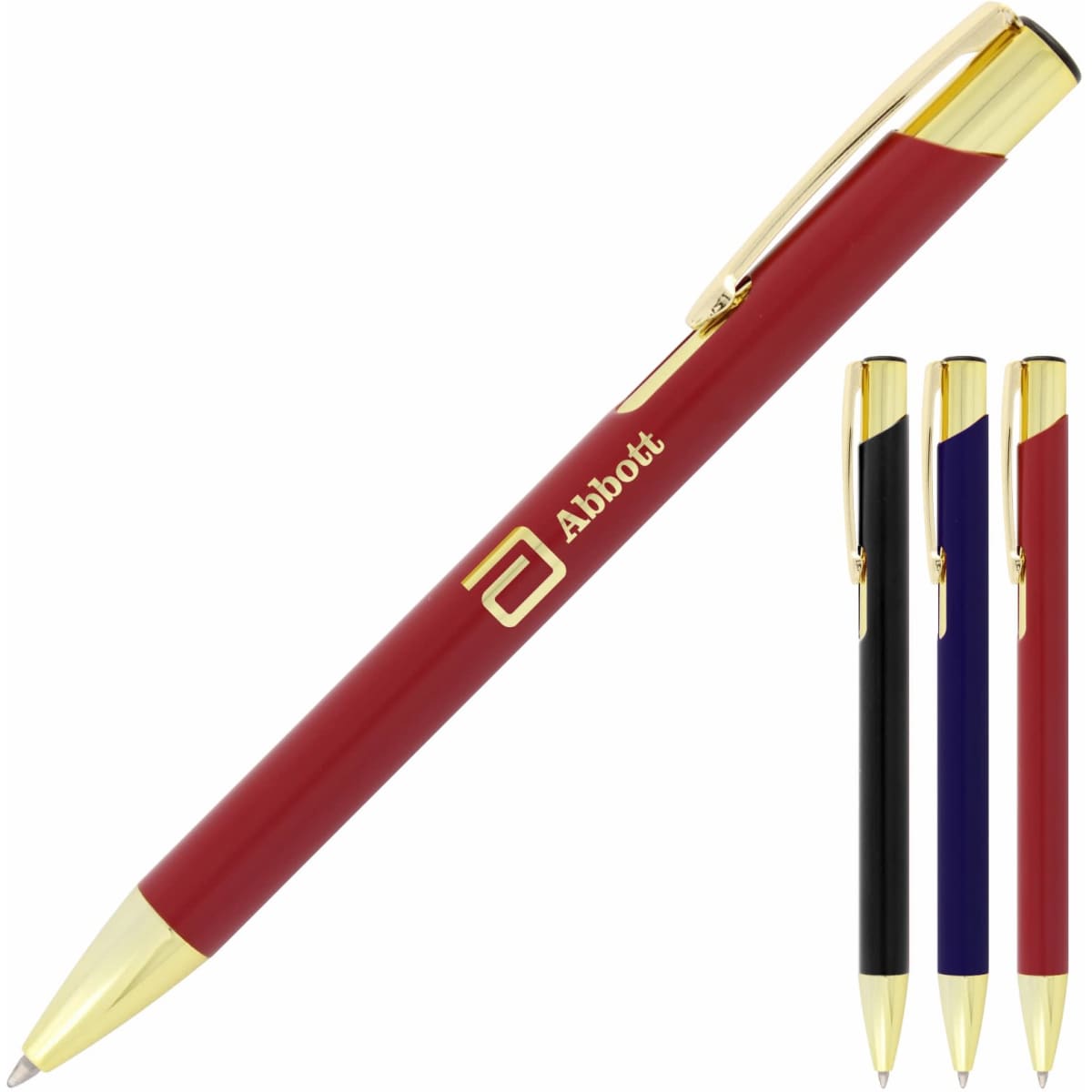 A ballpoint pen with a matte red finish and gold trim, alongside black and blue versions. The pen features a logo.