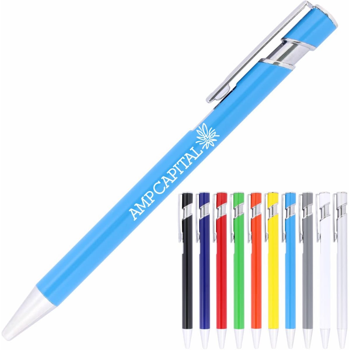 A blue ballpoint pen with a silver clip, available alongside other coloured variants. Features a logo on the barrel.