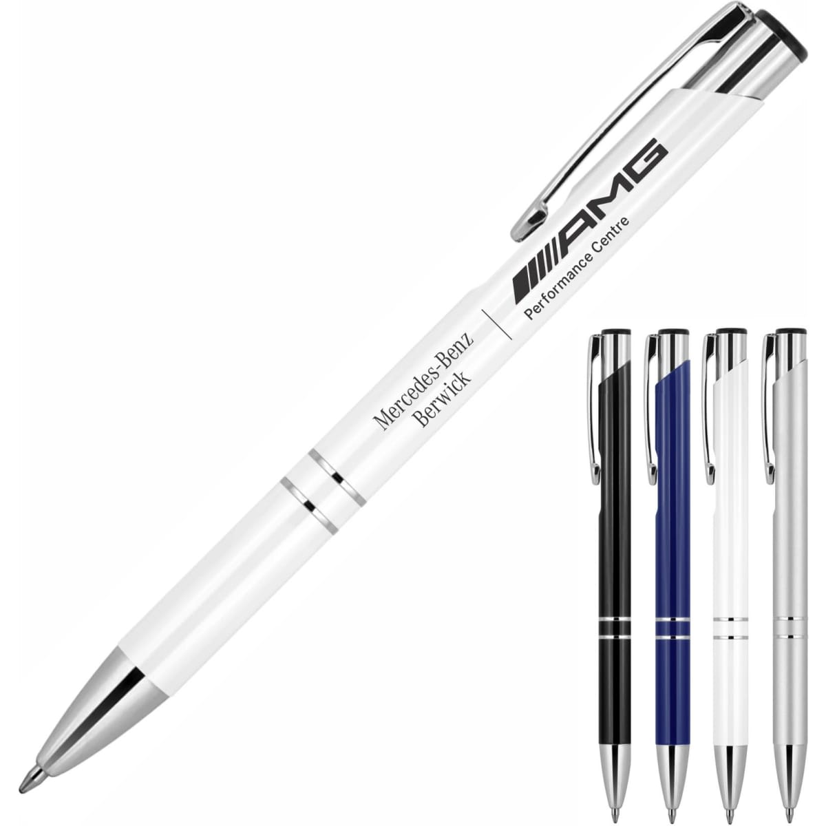 A metal ballpoint pen in white with blue, black, and silver options, featuring a logo on the side.