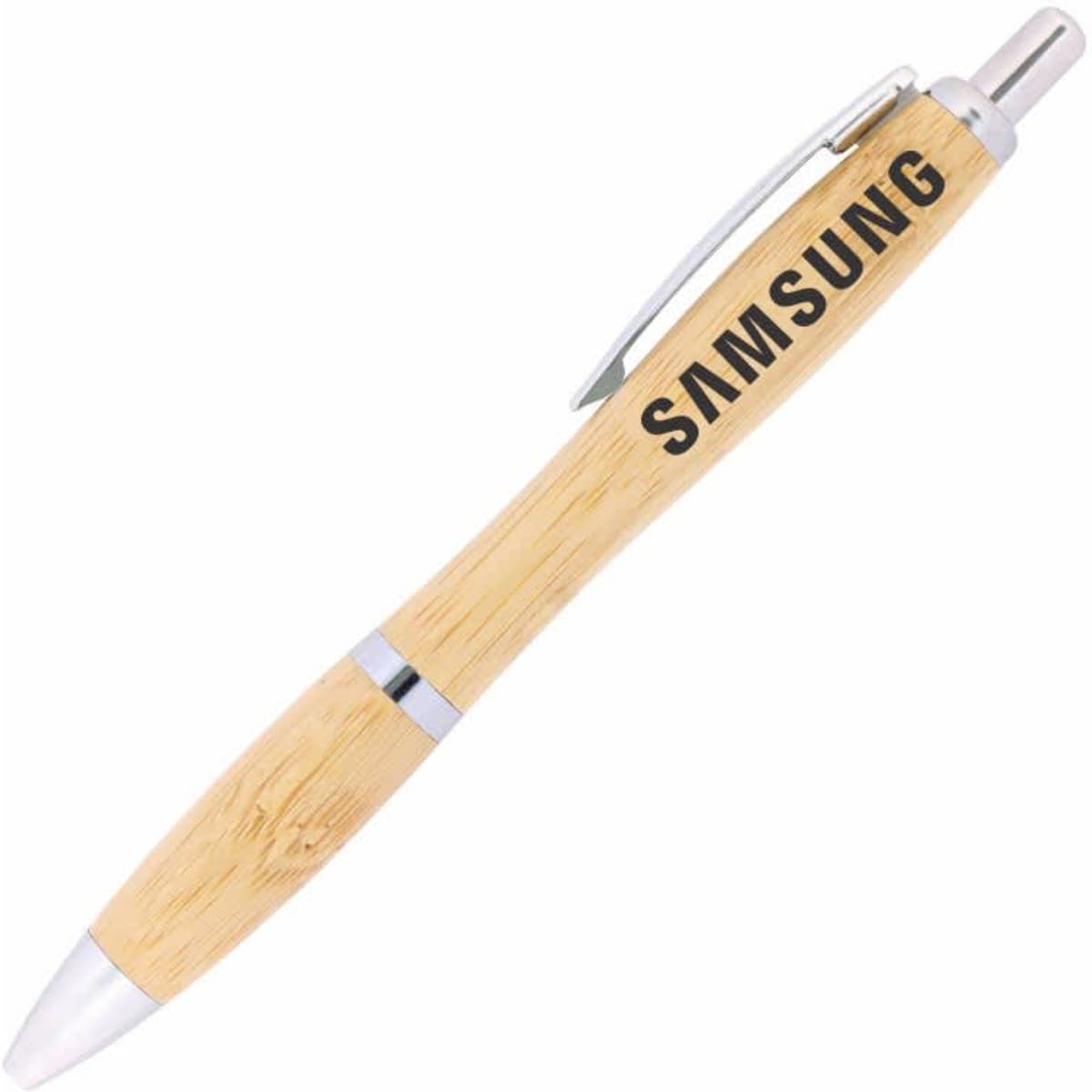 A bamboo ballpoint pen featuring a silver clip, with a logo along the barrel.