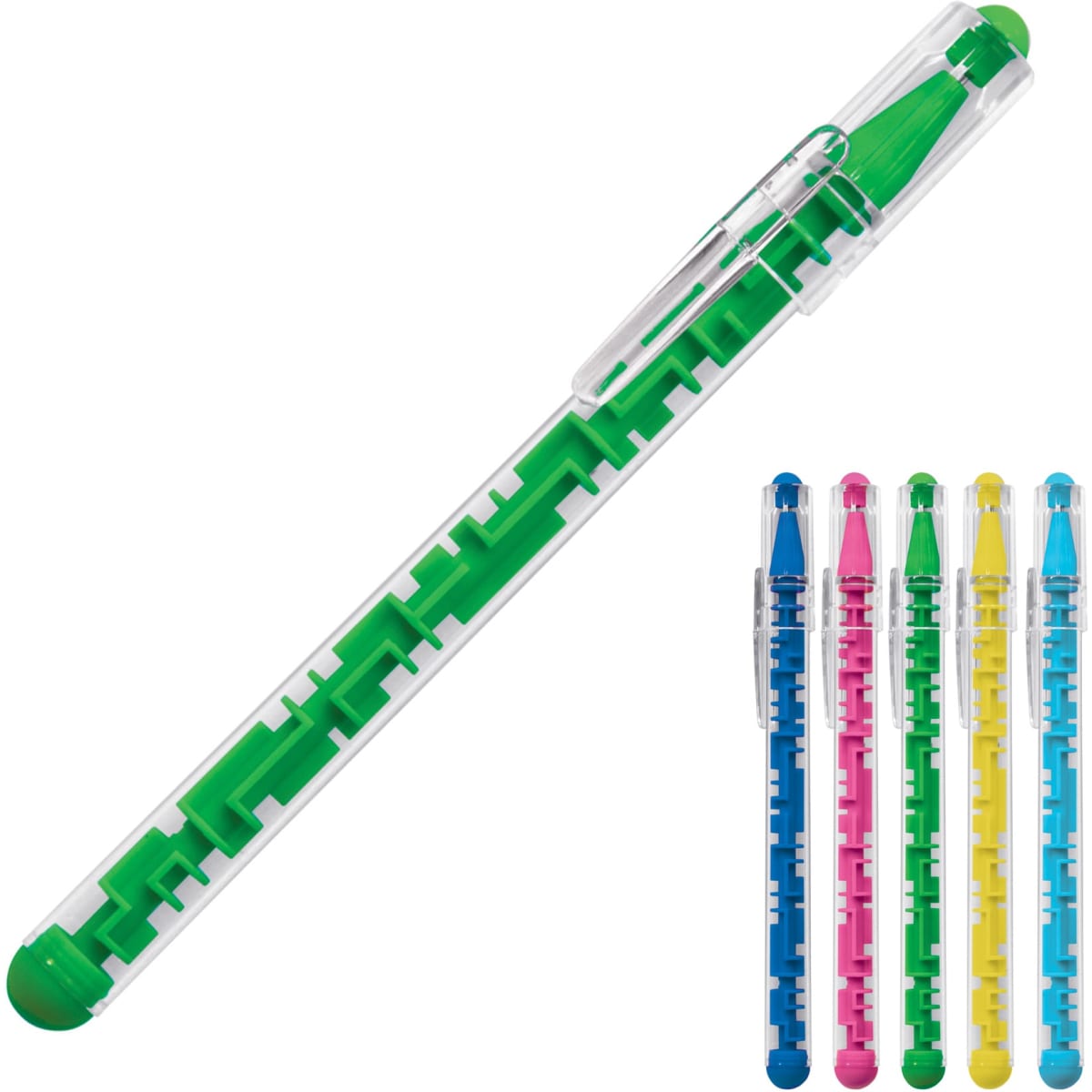 A ballpoint pen featuring a transparent barrel with a green grip and various coloured refills in pink, blue, yellow, and black.