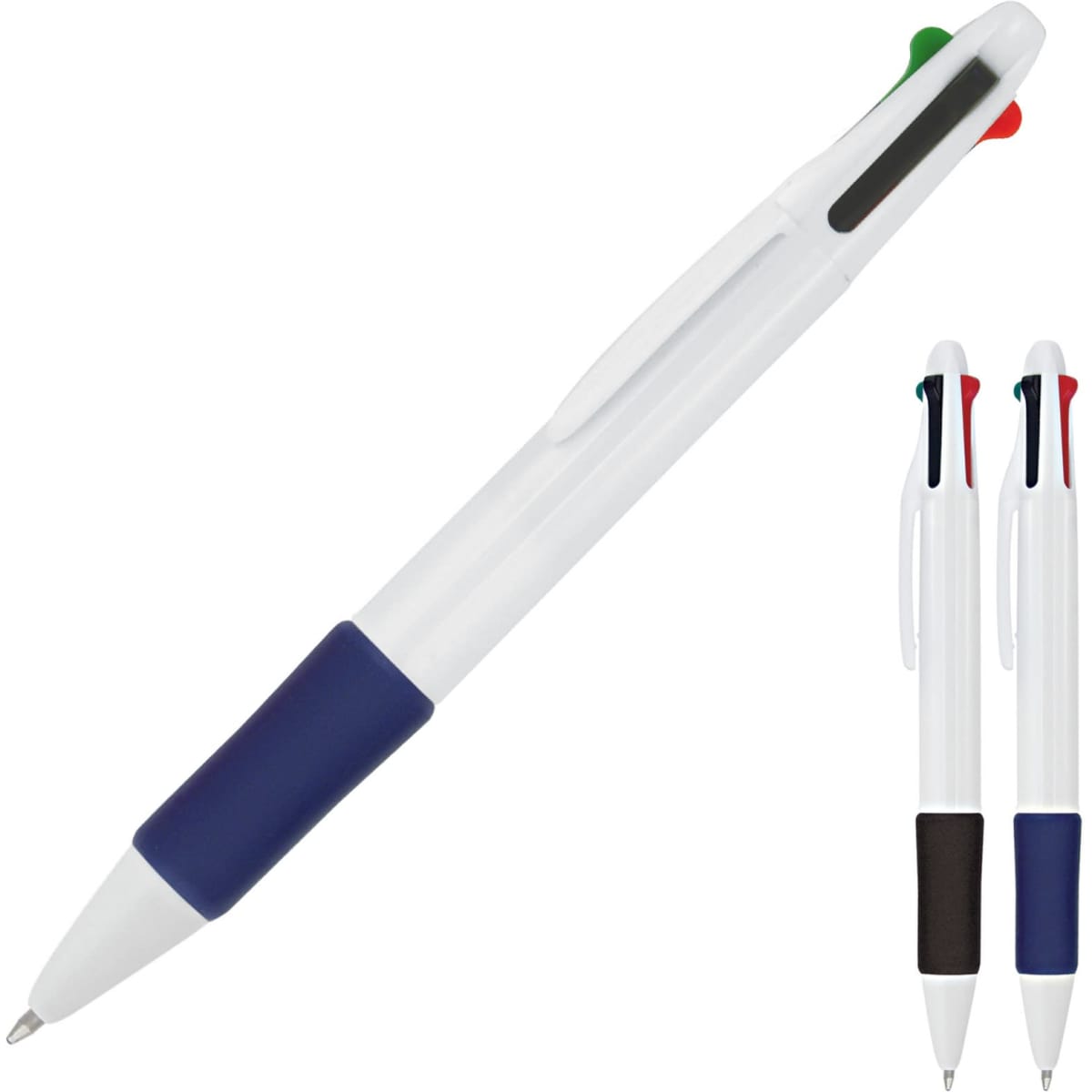 A ballpoint pen in white, featuring a blue grip and red and green accents, with an option for black grip.