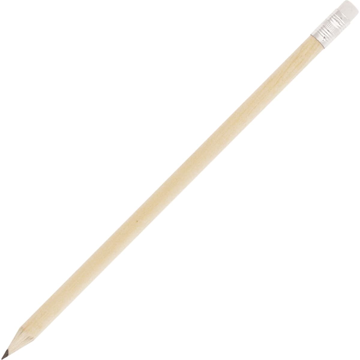 A natural wood pencil with a silver eraser at the end, featuring a sharpened tip and a smooth finish.