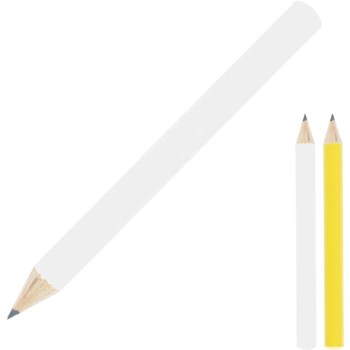 Three pencils are displayed: one white pencil and two smaller pencils, one white and one yellow, with sharpened tips.
