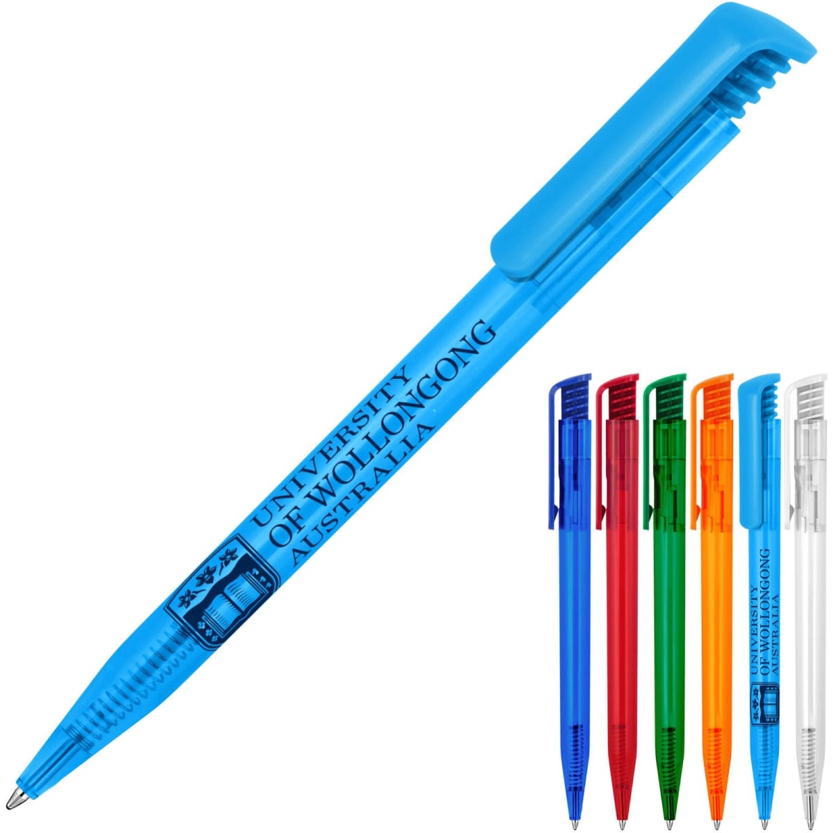 A blue ballpoint pen with a transparent barrel, featuring a logo and available in multiple colours.