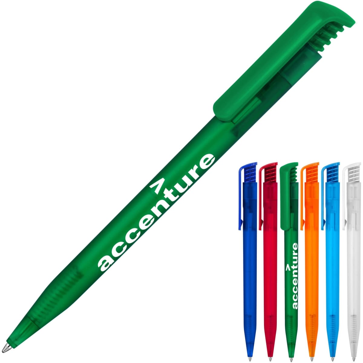 A green ballpoint pen with a clip, featuring a logo, alongside pens in red, blue, orange, and clear.