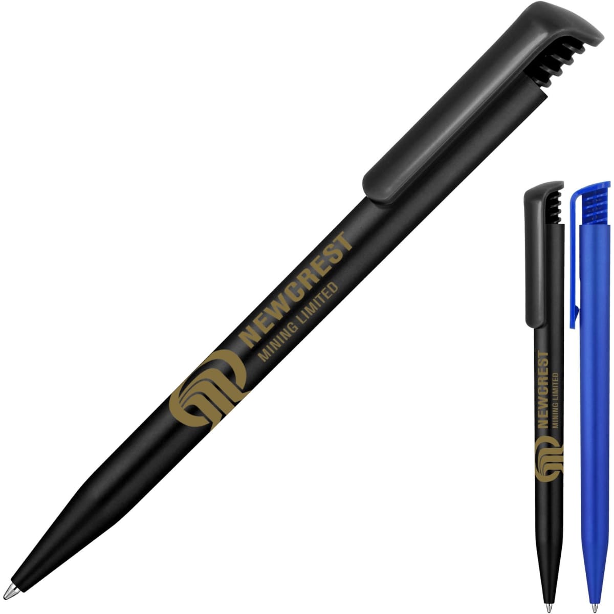 A plastic ballpoint pen in matte black with a clip, alongside a blue ballpoint pen, both featuring a logo.