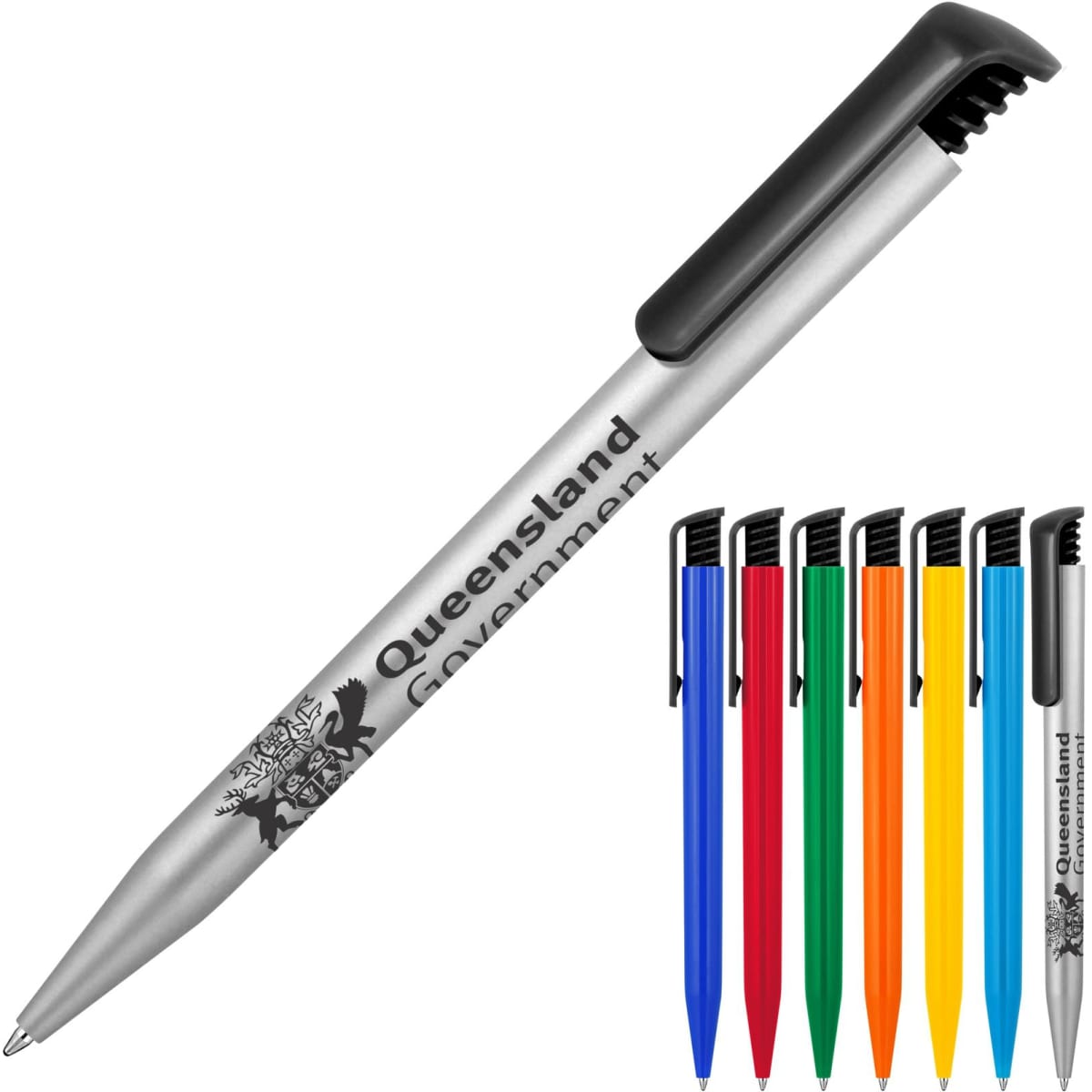 A plastic ballpoint pen featuring a gloss black clip, available in multiple colours including red, blue, yellow, and green.