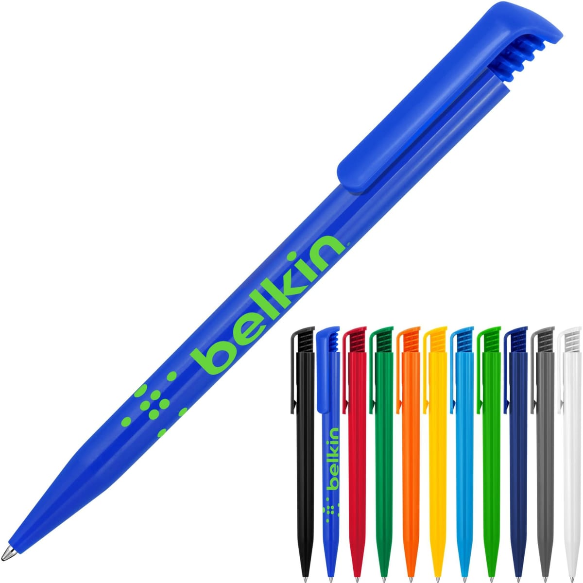 A blue ballpoint pen with a clip and branding, surrounded by a variety of other pen colours including black, red, and green.