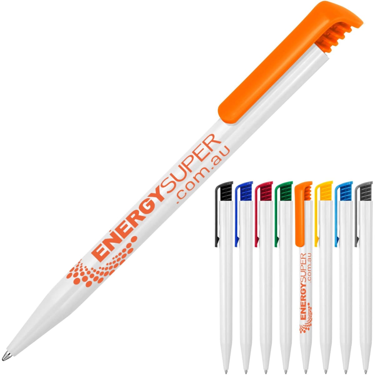 A ballpoint pen with a gloss white barrel and an orange clip, accompanied by various coloured pens.