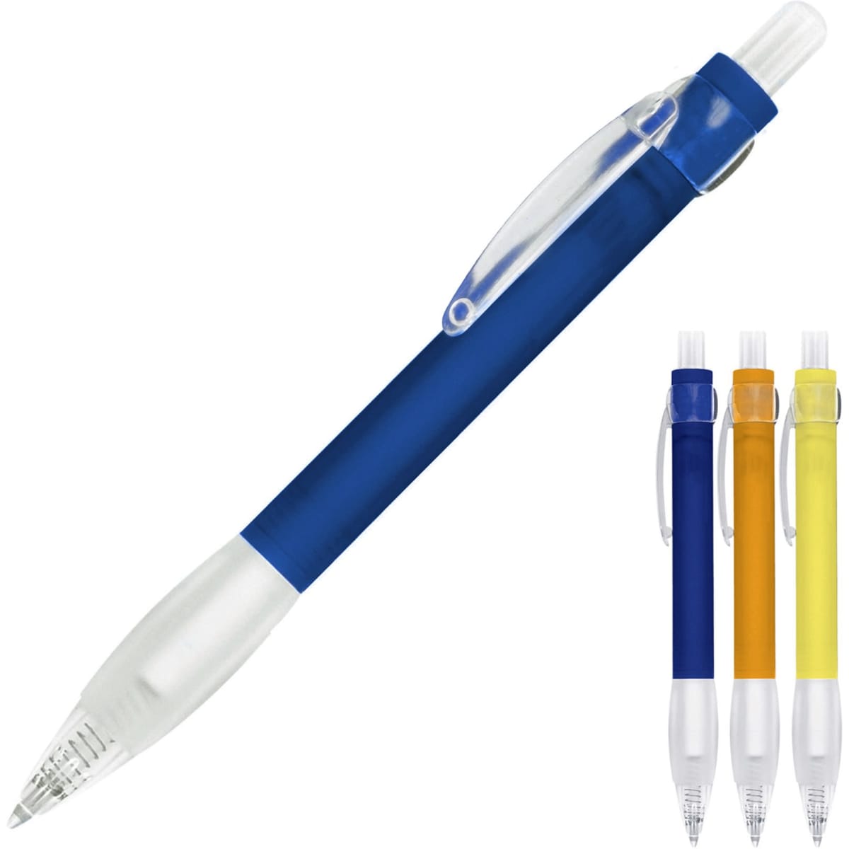 A ballpoint pen with a blue barrel, clear accents, and variations in yellow, orange, and white. Features a logo.