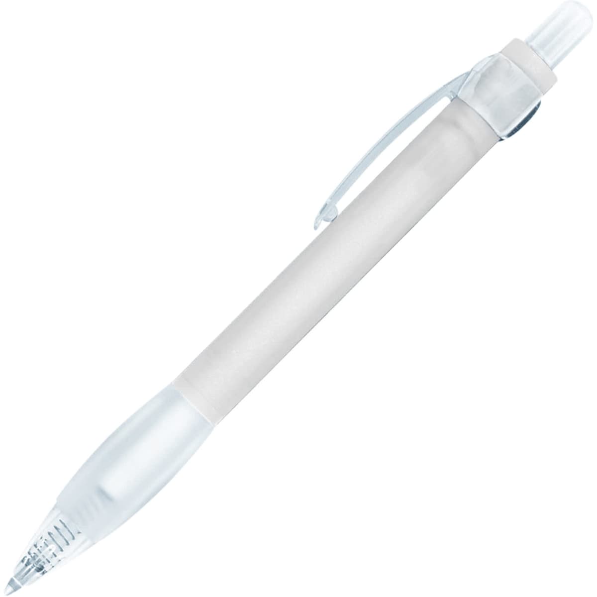 A plastic ballpoint pen in white with a clear cap and clip, featuring a logo on the body.