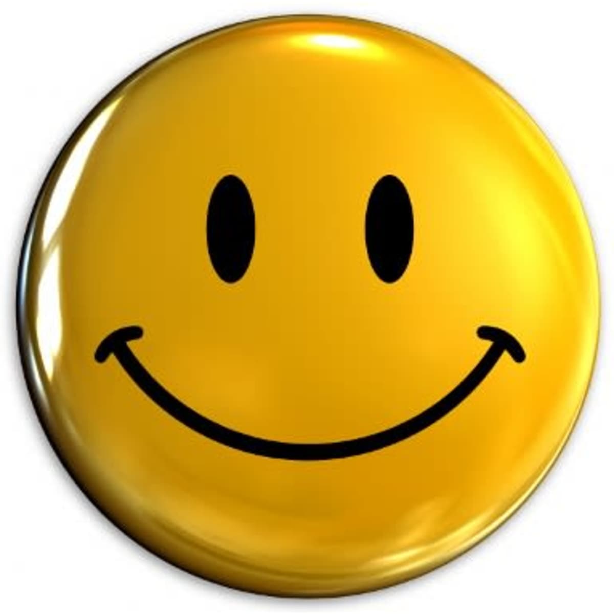 A round, shiny button badge featuring a bright yellow background with a simple black smiley face design.